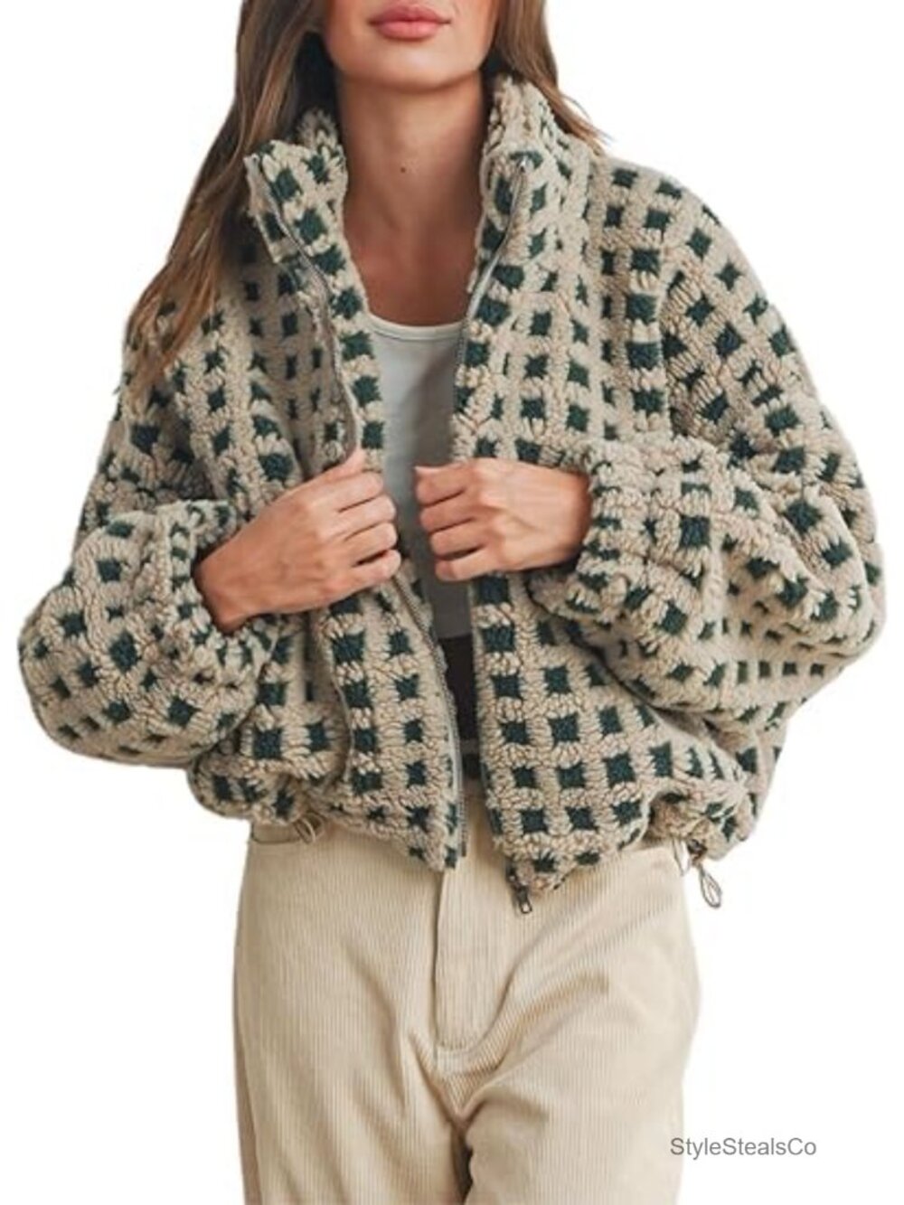 Women's Fleece Jacket Plaid Sherpa Zip Up Cropped Coat Fuzzy Cute Winter Warm